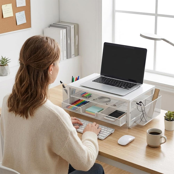 CEWROM Monitorständer mit Schublade, 2-Stufiger Computer Monitor Erhöhung mit Schublade, Schreibtisc