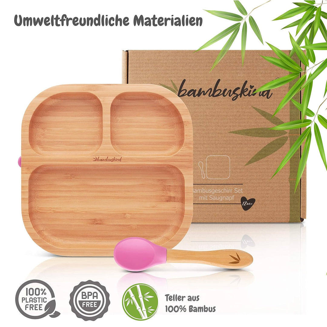 Kinderteller mit Saugnapf pink I Inkl. Rezepte-Ebook I rutschfester Babyteller aus nachhaltigem Bamb