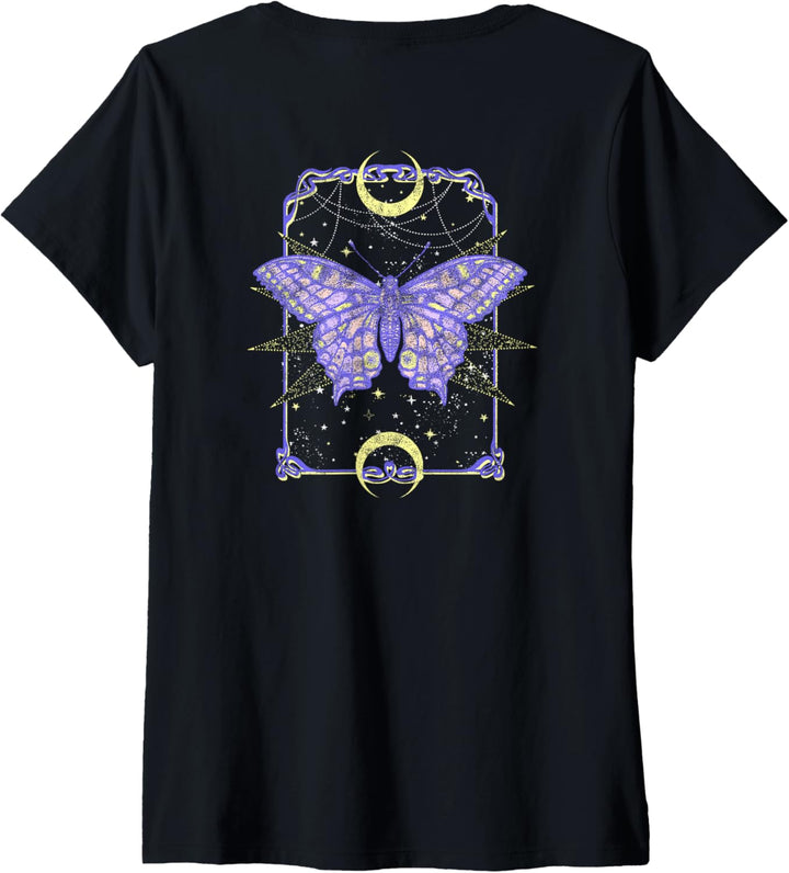 Damen Celestial Butterfly Tarot Card Front & Back T-Shirt mit V-Ausschnitt