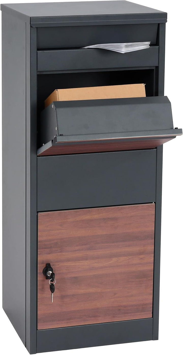 Paketkasten HWC-G80, Paketbox Standbriefkasten Briefkasten Grösse L - verzinkt anthrazit, Holzoptik
