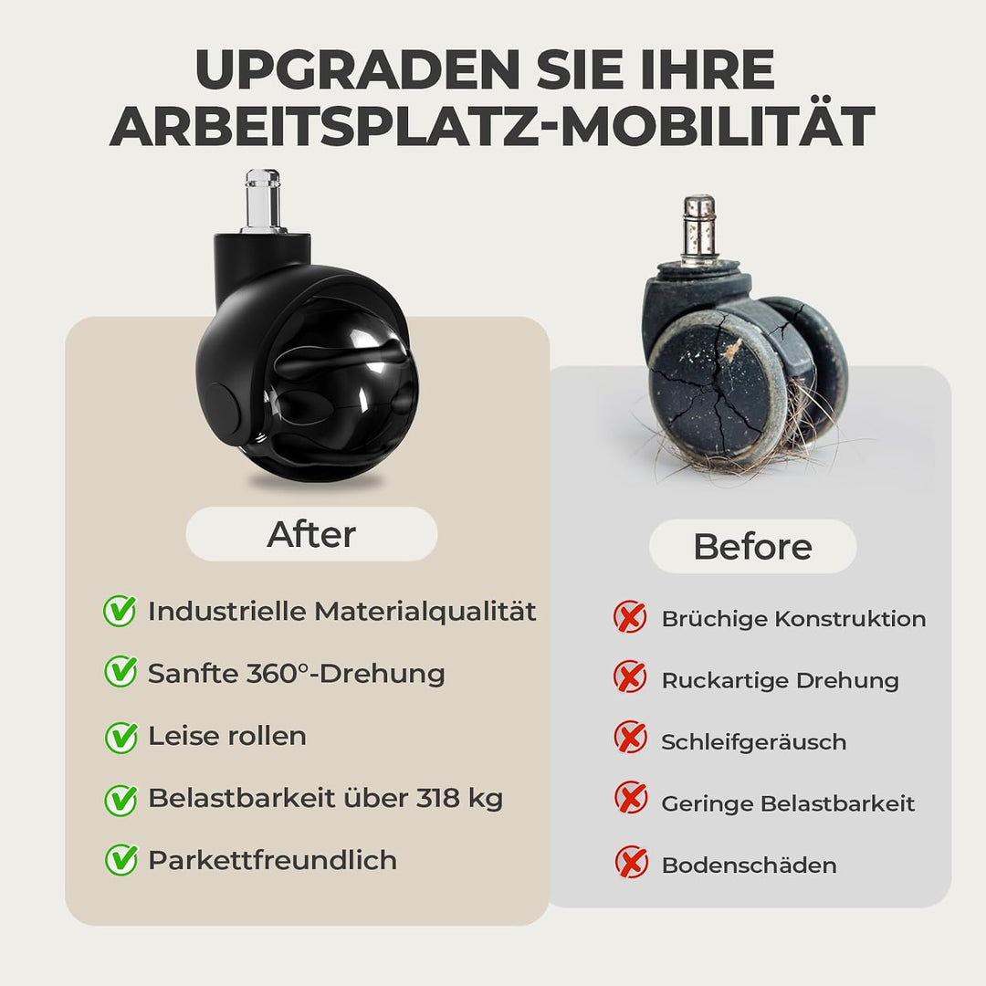 Sytopia Bürostuhl Rollen 5er Set in Schwarz, Rollen für Bürostühle 11 x 22 mm für Teppichböden, Hart