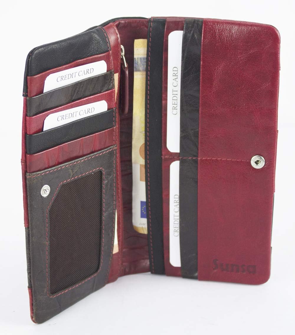 Sunsa Geldbörse. Leder Geldbeutel. Grosser Portemonnaie mit RFID Schutz. Damen Brieftasche mit viele