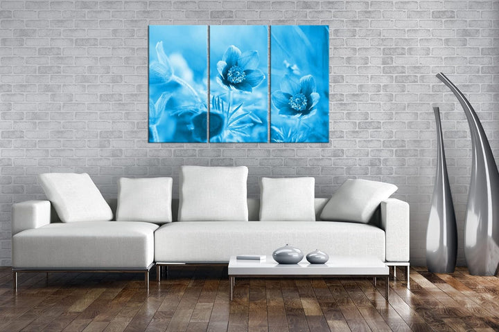 deyoli bezaubernde Blumen Format 120x80 3Teilig Effekt: Monocrome Blau als Leinwandbild, Motiv ferti
