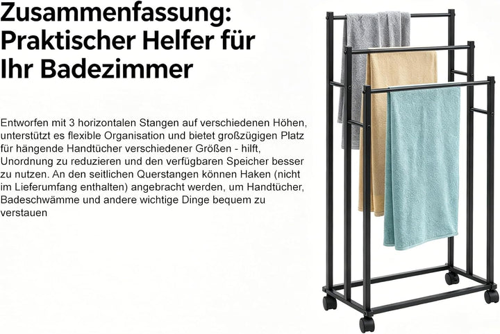 Handtuchhalter Stehend,Metall Handtuchständer mit 4 Rollen 2 Bremsen 3 Stangen,Freistehend Badetuchh