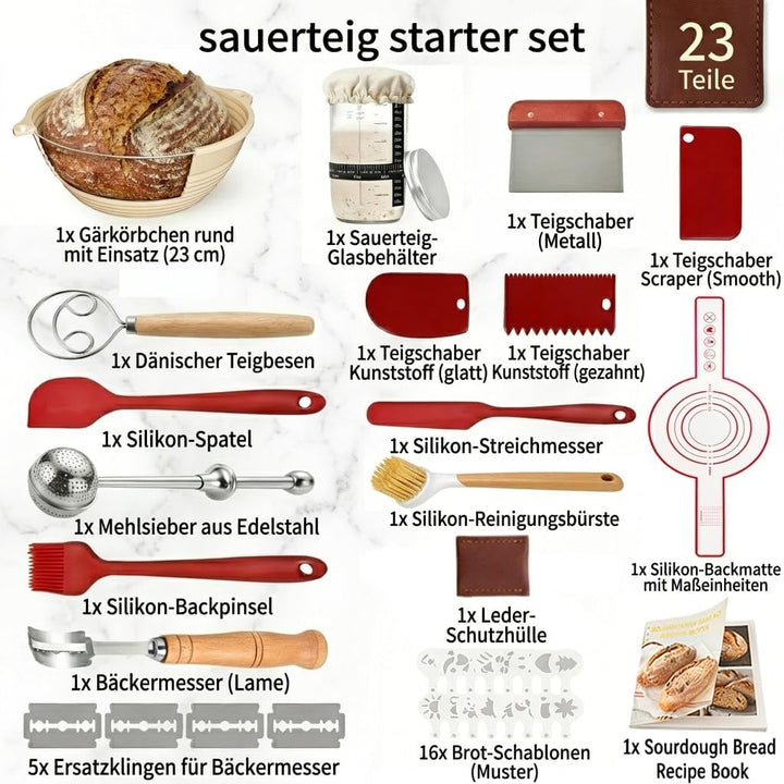 Sauerteig Starter Set, Brot backen Zubehör 23 teilig, Gärkorb Brot Rund 23cm, Brotkorb zum Backen, B