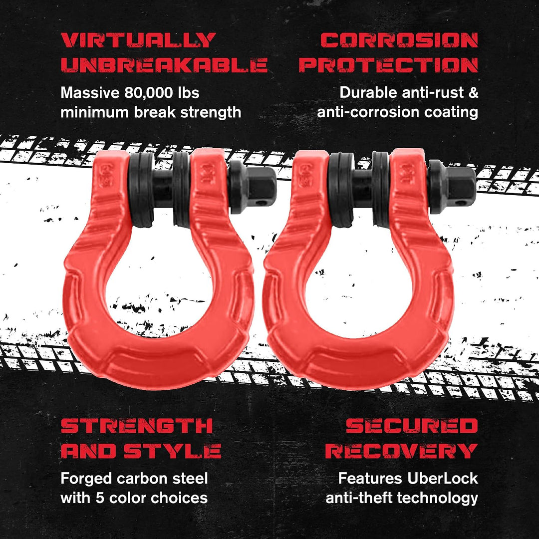 GearAmerica UBER Schäkel - ROT mit Diebstahlsicherung (Zweierpack) | 40 Tonn Belastbarkeit | 22 mm S