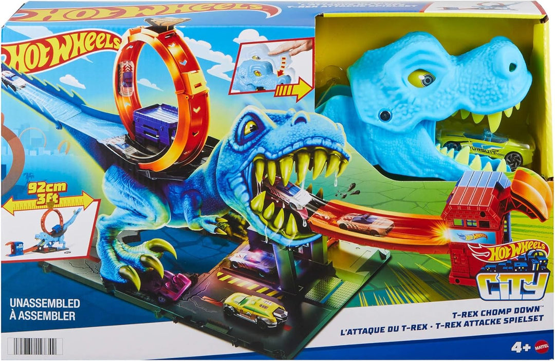Hot Wheels Autorennbahn T-Rex Angriff, Geschicklichkeitsspiel durch genaues Timing und Zielen, mit L