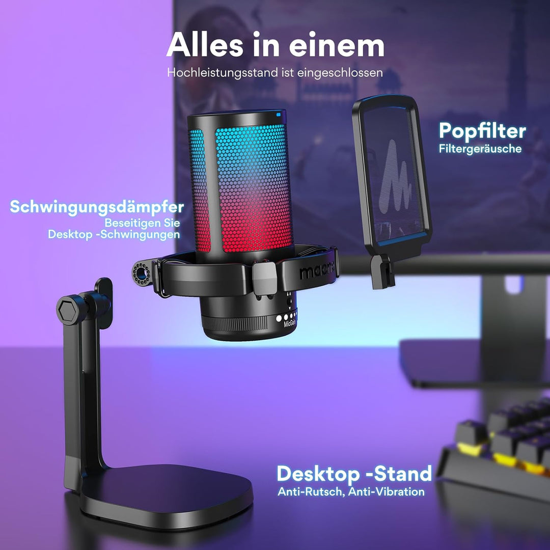 MAONO USB Gaming Mikrofon für PC, Kondensatormikrofon mit RGB-Leuchten für Streaming, Aufnahme, Podc