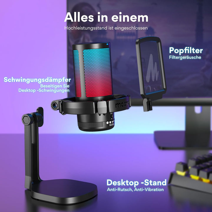 MAONO USB Gaming Mikrofon für PC, Kondensatormikrofon mit RGB-Leuchten für Streaming, Aufnahme, Podc