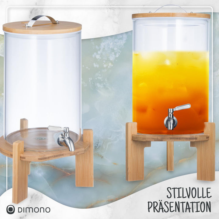 Premium Getränkespender mit Zapfhahn aus Edelstahl & Bambus-Ständer – 8L Wasserspender Glas für eisk