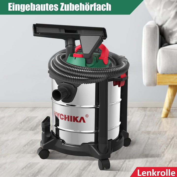 HYCHIKA Nass Trockensauger, 1200W Industriestaubsauger 20L Edelstahlbehälter, Nass- & Trockensauger