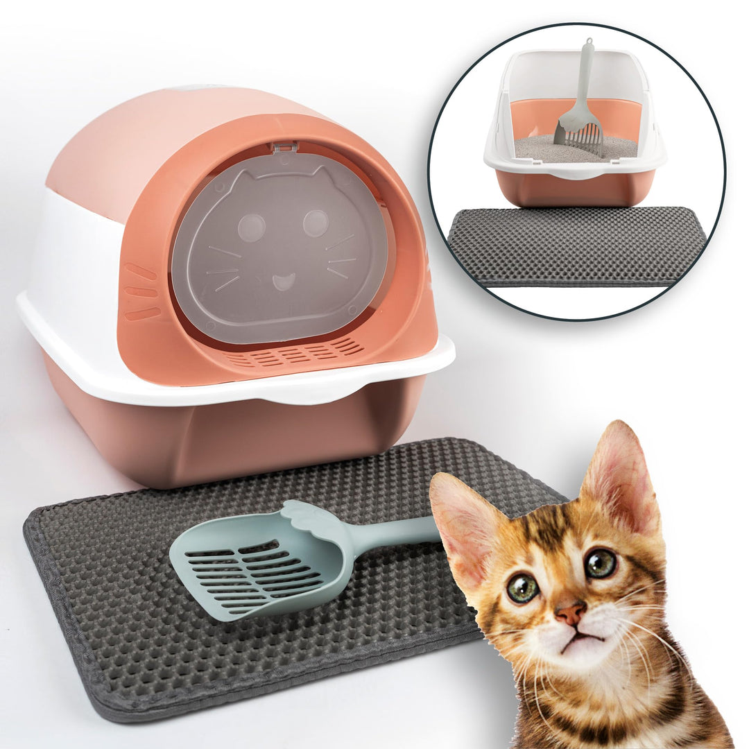 LINUMA® Pink Katzenklo mit Schaufel und Streumatte geschlossen und offen, Litter Box, Katzentoilette