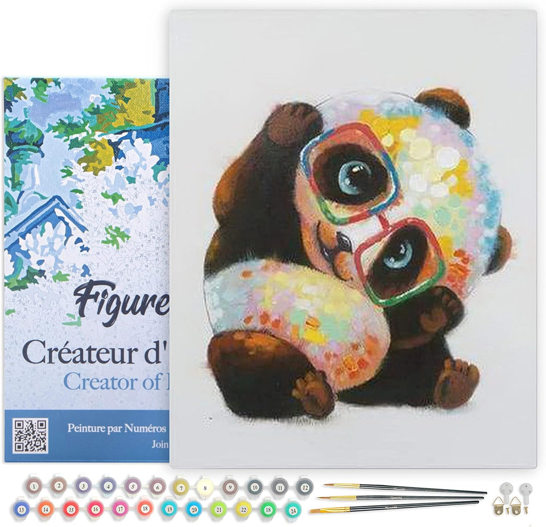 Figured'Art Malen Nach Zahlen Erwachsene Mit Rahmen Panda und Brillen - Paint by Numbers Basteln DIY
