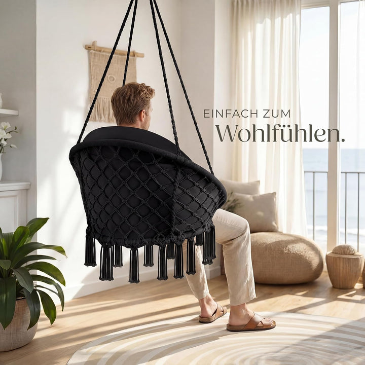 tectake® Hängesessel, Hängeschaukel mit dicken Kissen & Quasten, Boho Hängekorb Ø 80 cm, Hängesessel