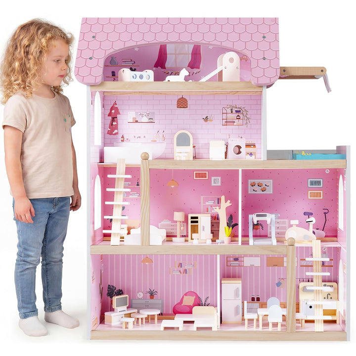 COSTWAY Puppenhaus Holz, Kinder Dollhouse mit 33 Möbelstücken, Puppenstube mit Balkon & Pool, Puppen