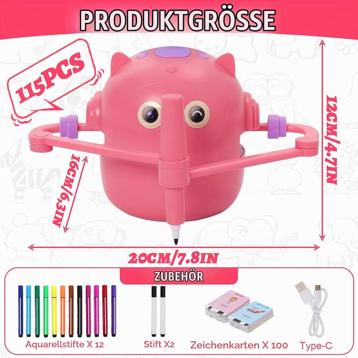 Malroboter für Kinder, Zeichenroboter Kinder mit Sprachanleitung, 100 Karten &amp; 14 Stift, Mal-Roboter