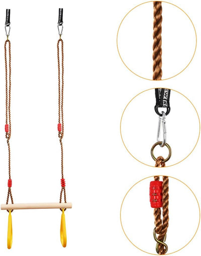 GOLDGE Trapez Schaukel Holz Schaukel Outdoor mit Kunststoff Turnringe Kinder Outdoor Belastbar bis 1