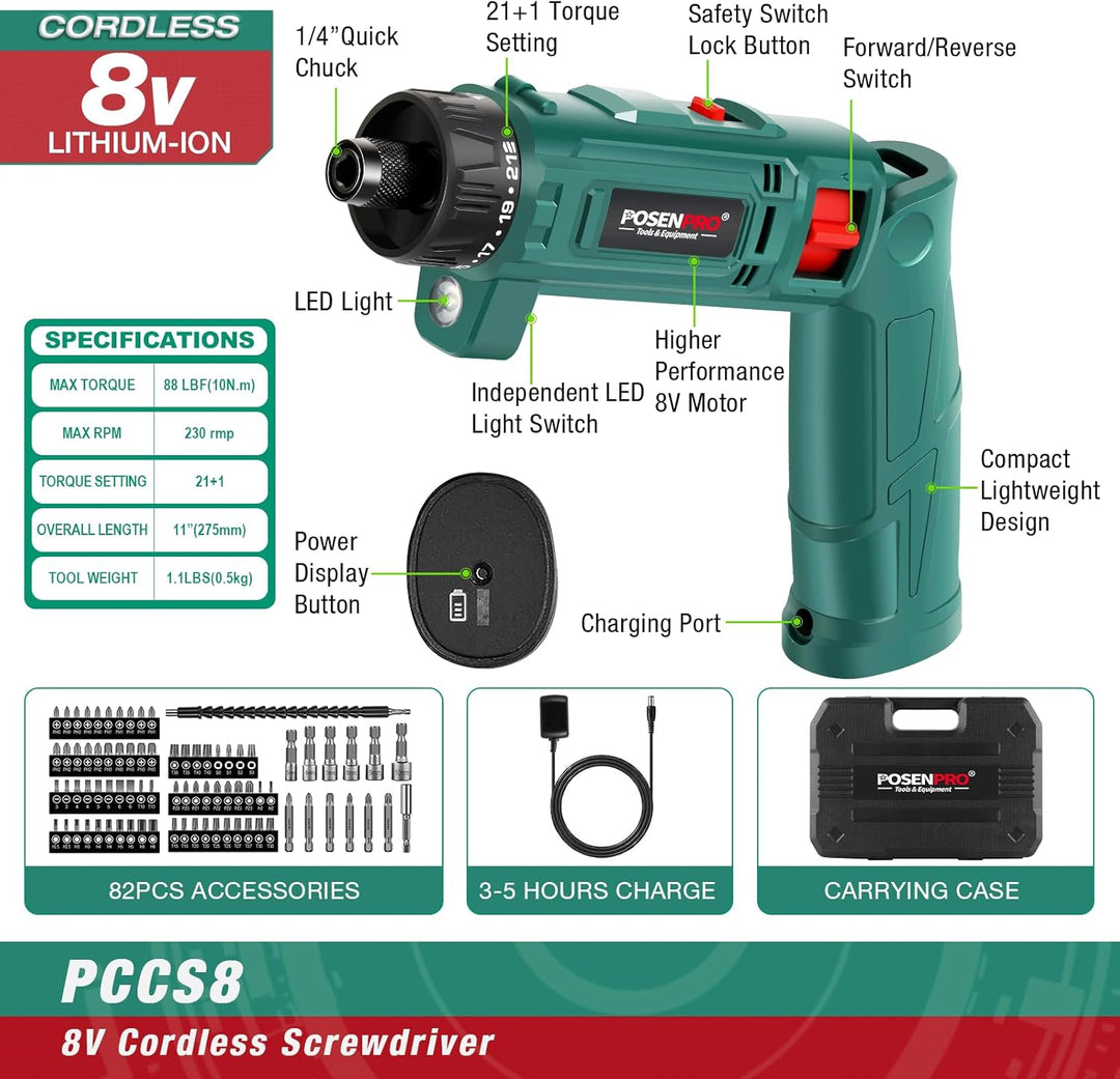 POSENPRO Elektrischer Akkuschrauber Set mit 82 Zubehörteilen, 8 Volt Lithium-Ionen-Akku, 10N·m 21+1