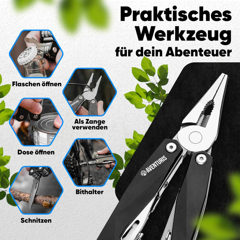 AVENTURIS® Multitool-Werkzeug aus Edelstahl mit 21 Funktionen, Geschenk für Mann, Multi tool mit Zan