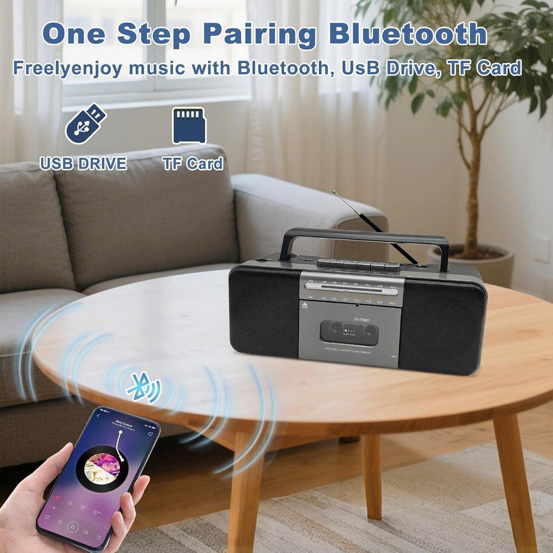 Tragbarer Bluetooth Kassettenspieler Boombox mit Kassettenrecorder, AM/FM/SW Radio, 10W Dual-Lautspr