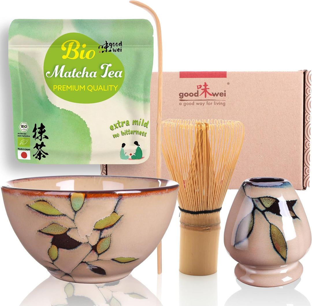 Teezeremonie-Set mit hochwertiger Matcha-Schale und echtem Bio Matcha aus Japan (Bamboo), Bamboo