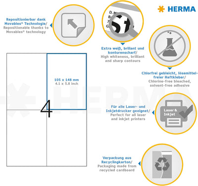 HERMA 5082 Universal Etiketten ablösbar, 800 Blatt, 105 x 148 mm, 4 Stück pro A4 Bogen, 3200 Aufkleb