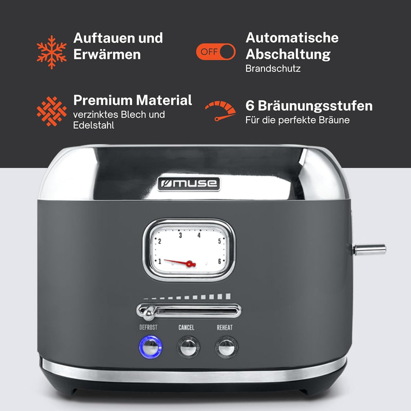 Muse Edelstahl-toaster im grauen retro Design, analoge Anzeige, beleuchtete Tasten, 6 Bräunungsstufe