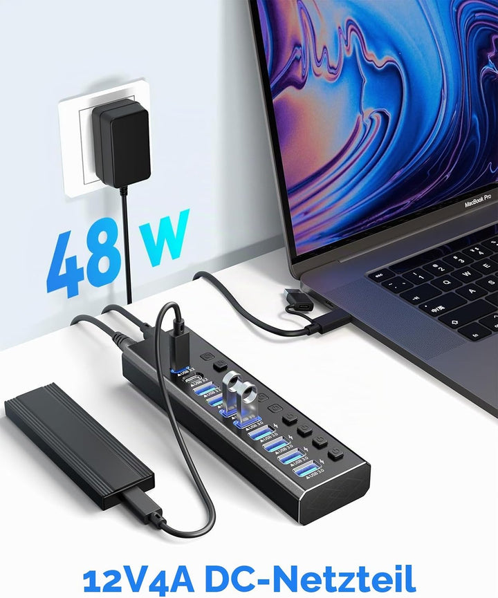 Powered USB Hub 3.2, 10-Port USB3.2/USB C Hub (10Gbps USB-A 3.2 +2 USB-C 3.2 +7 USB 3.0 Ports) mit i