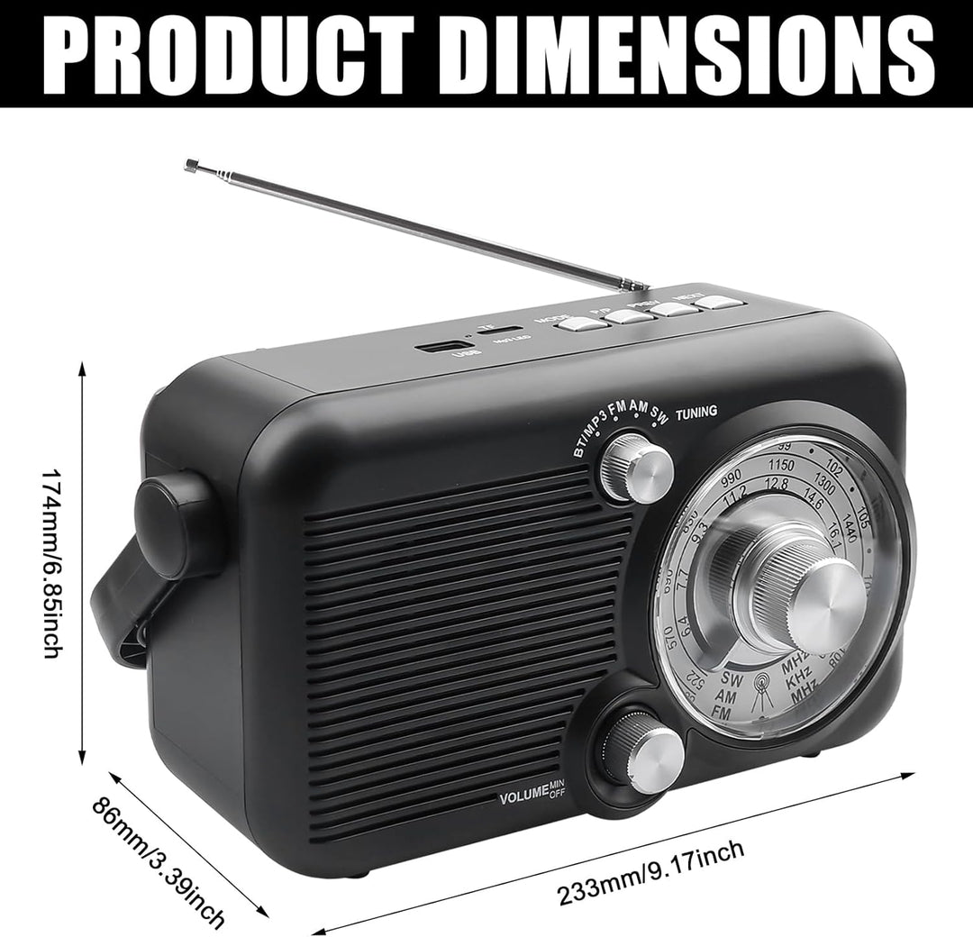 Tragbares Radio mit Bluetooth, AM,FM,SW Kofferradio, Strom & Batteriebetrieb, Eingebautem Lautsprech
