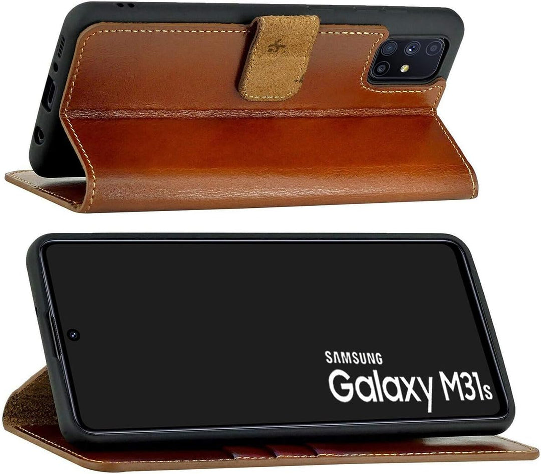 Suncase Book-Style Hülle kompatibel mit Samsung Galaxy M31s Leder Tasche (Slim-Fit) Lederhülle Handy