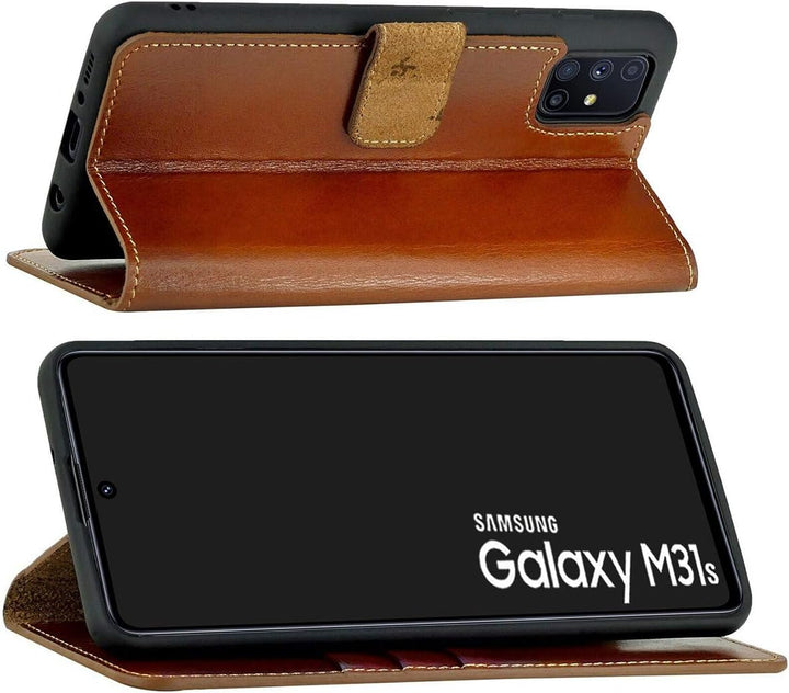 Suncase Book-Style Hülle kompatibel mit Samsung Galaxy M31s Leder Tasche (Slim-Fit) Lederhülle Handy