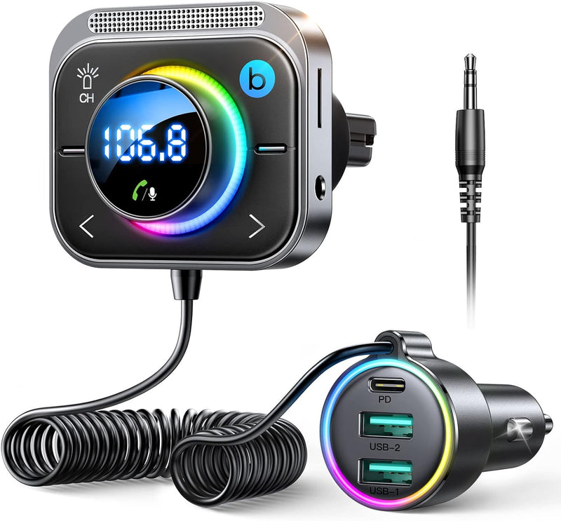 JOYROOM Bluetooth 5.3 Adapter Auto,【Bass Boosted & Hi-Fi Stereo】Musik FM Transmitter ,【30W PD & Dual