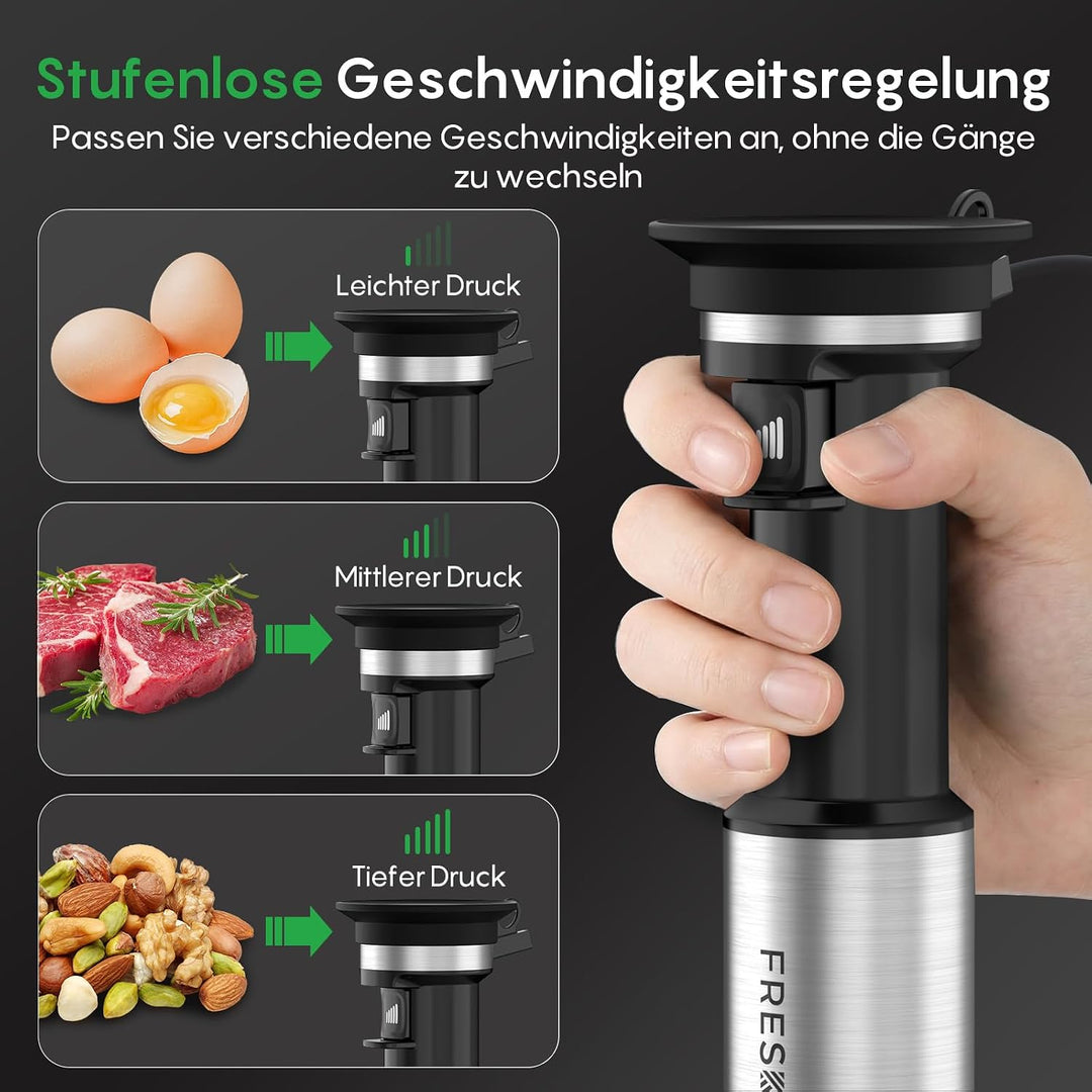 FRESKO Stabmixer 1000W, Pürierstab Edelstahl mit Schutzhülle für Kochgeschirr & 700 ml Messbecher, S