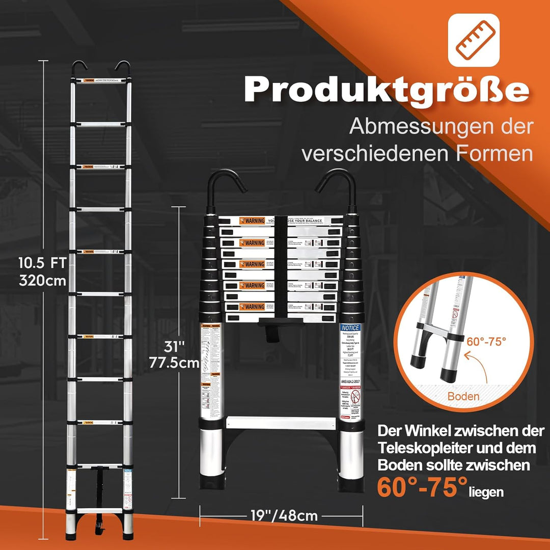 HBTower 3,2m Teleskopleiter Aluminium mit Haken, Leichte Ausziehleiter, Leiter Ausziehbar, klappbare