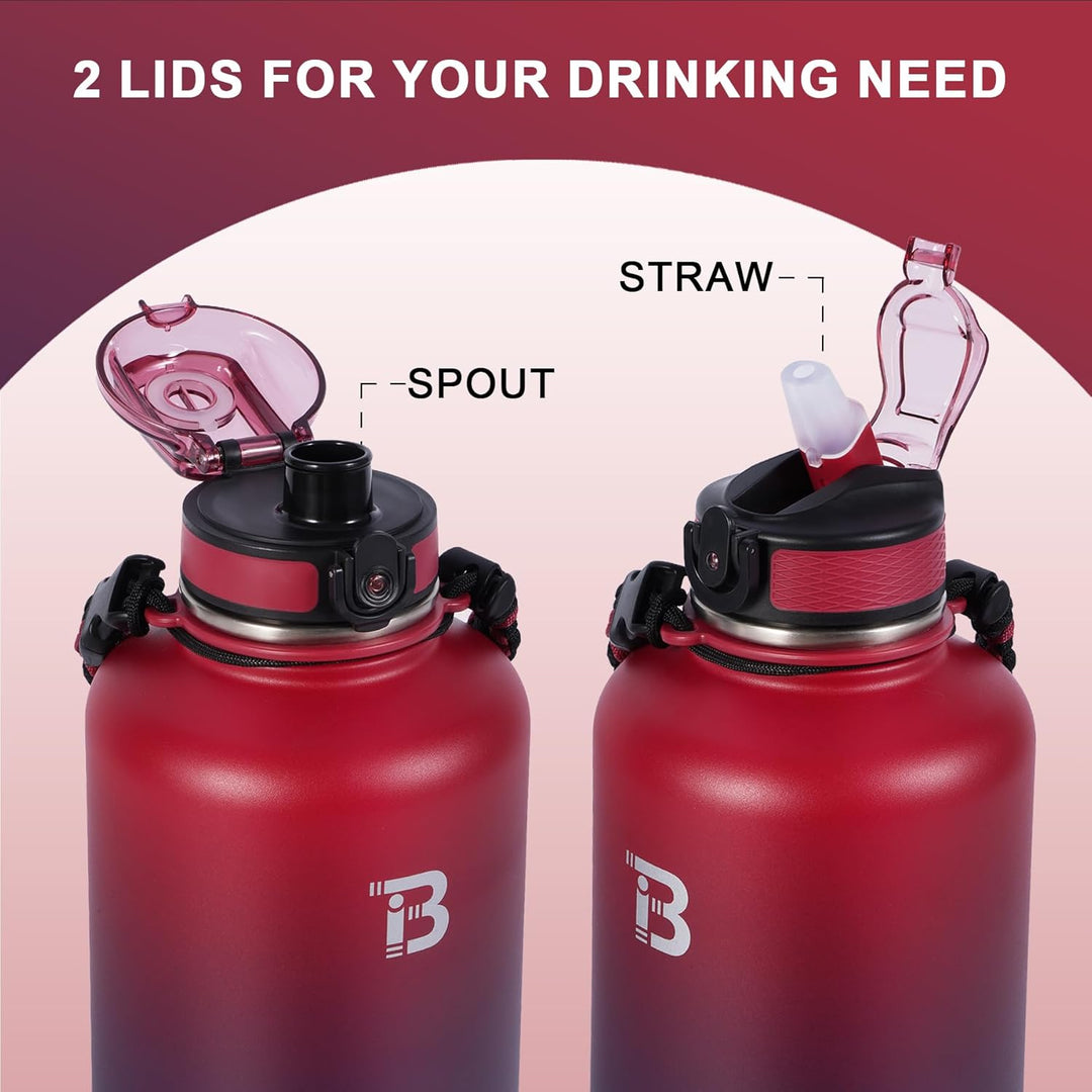 TOPBADE Edelstahl Trinkflasche 1900 ml (+2 Deckel), 1,9 Liter Isolierte Wasserflasche mit Strohhalm,