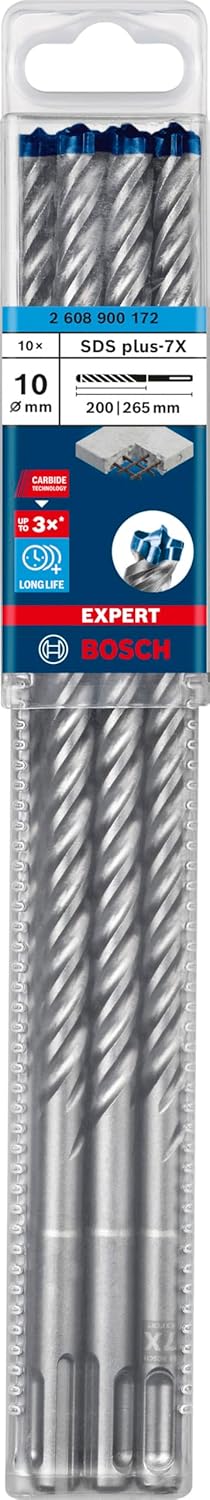Bosch Professional 10x Expert SDS plus-7X Hammerbohrer (für Stahlbeton, Ø 10,00x265 mm, Zubehör Bohr