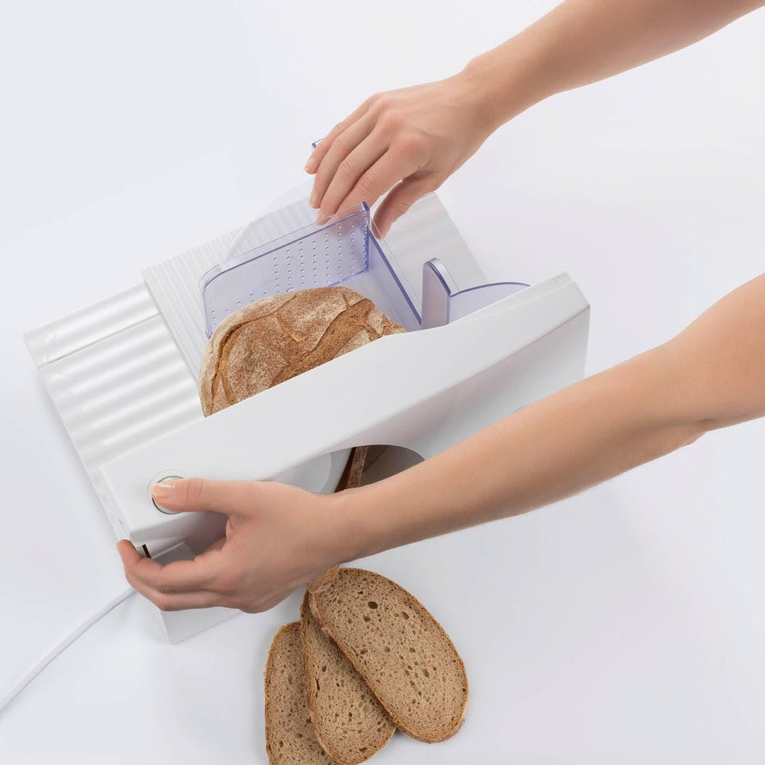 GOURMETmaxx Allesschneider 150W Weiss | Elektrisch mit Edelstahl-Klinge & Fingerschutz | Für Brot, W