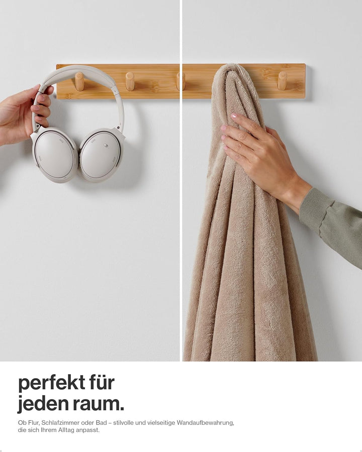 LARHN Garderobenhaken Holz (2 Stück) - Garderobenleiste Holz mit 5 Haken - 43 cm - Kleiderhaken Wand