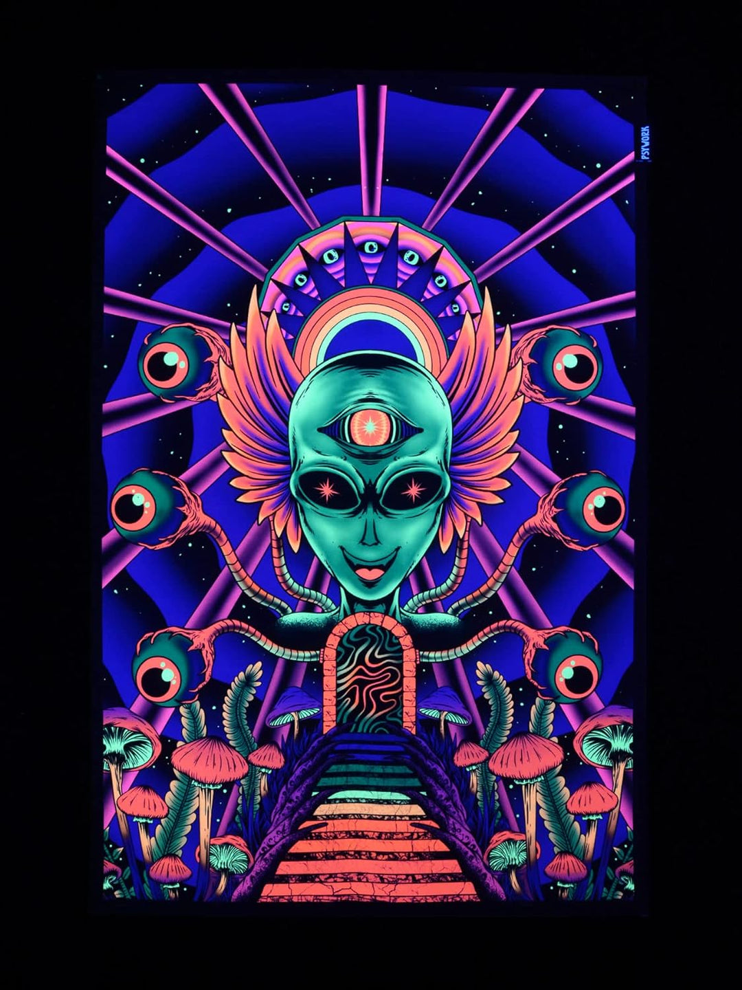 PSYWORK Schwarzlicht Stoffposter Neon | Alien Godness | 0,6 x 0,9m | UV-aktiv | fluoreszierend | Wan