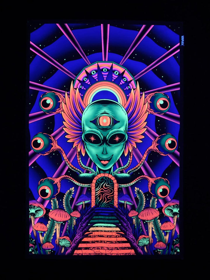 PSYWORK Schwarzlicht Stoffposter Neon | Alien Godness | 0,6 x 0,9m | UV-aktiv | fluoreszierend | Wan