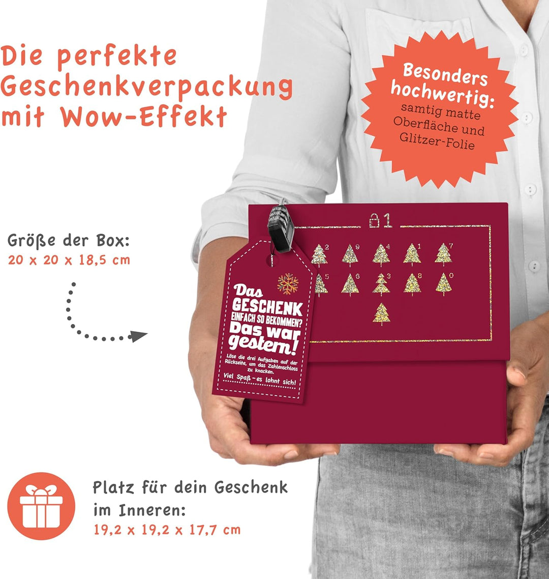 SURPRISA Geschenkbox für Weihnachten, Rätselbox für Geldgeschenke, Glitzer-Design in Rot mit Xmas-Au