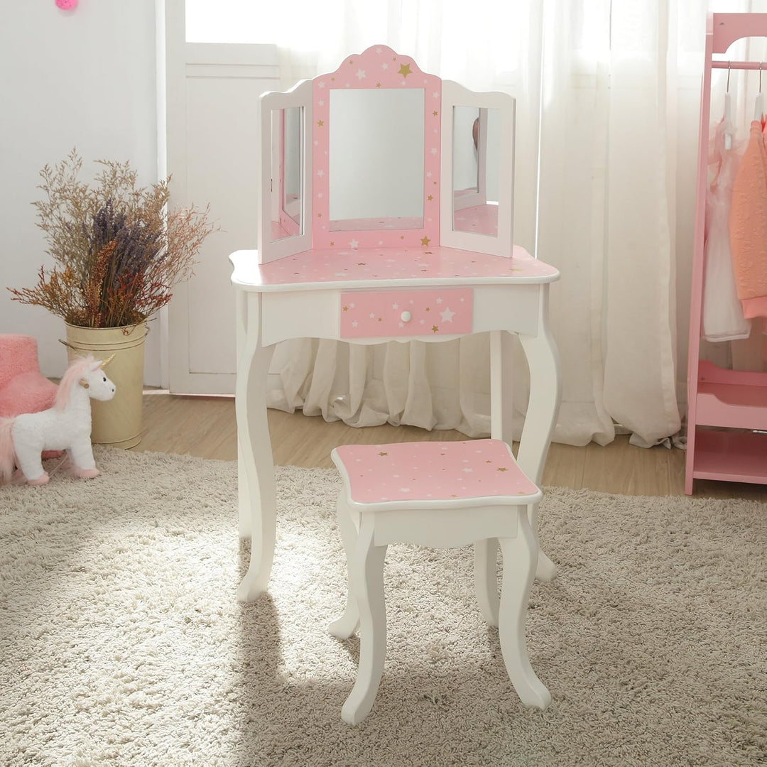 Teamson Kids Childrens Rosa Holz-Schminktisch und Hocker Spiegel TD-11670K Stern, Stern