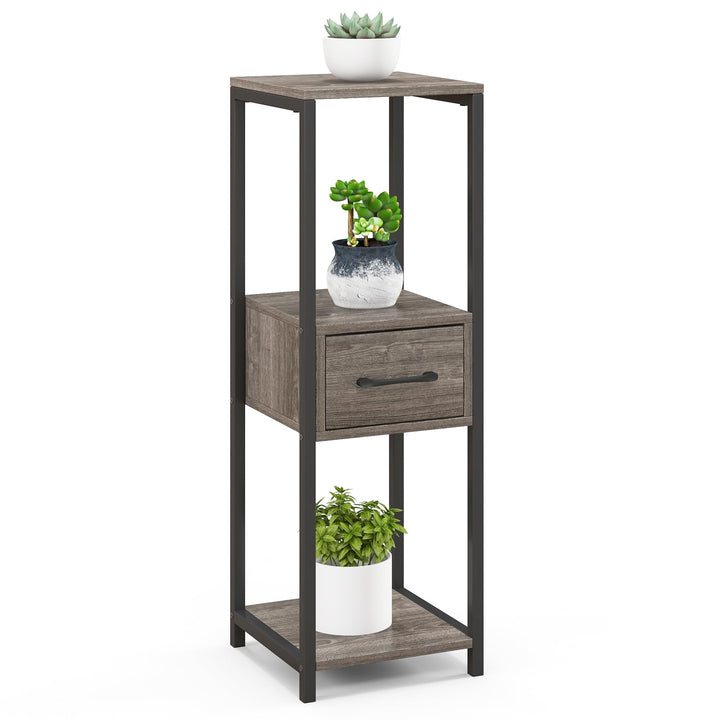 COSTWAY 3 Etagen Metall Pflanzenständer, 60 kg, Blumenständer mit Schublade & Kippsicherung, Pflanze