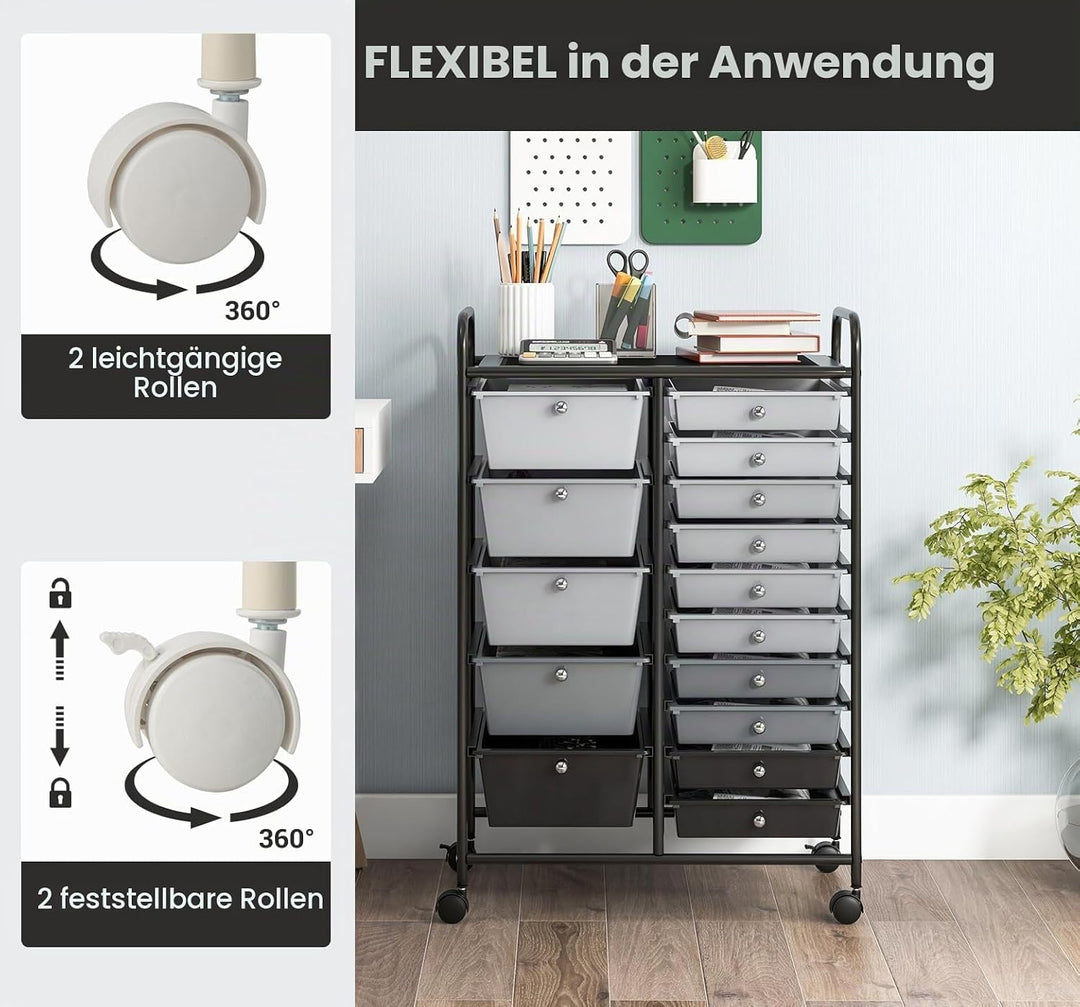 KOMFOTTEU Rollwagen mit 10/15 Schubladen stapelbar, Badrollwagen Rollcontainer mit Metallrahmen, All