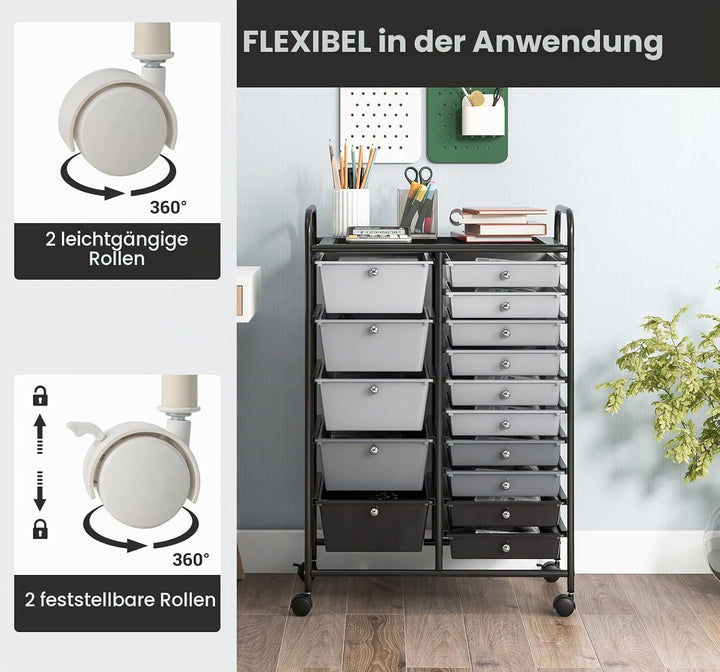 KOMFOTTEU Rollwagen mit 10/15 Schubladen stapelbar, Badrollwagen Rollcontainer mit Metallrahmen, All