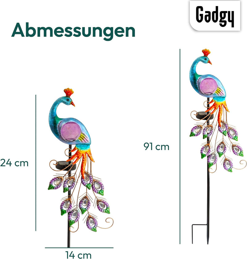 Gadgy Solardekofigur für aussen - Wasserdichte Solarlampe für aussen - Pfau Deko Solarleuchte Tiere