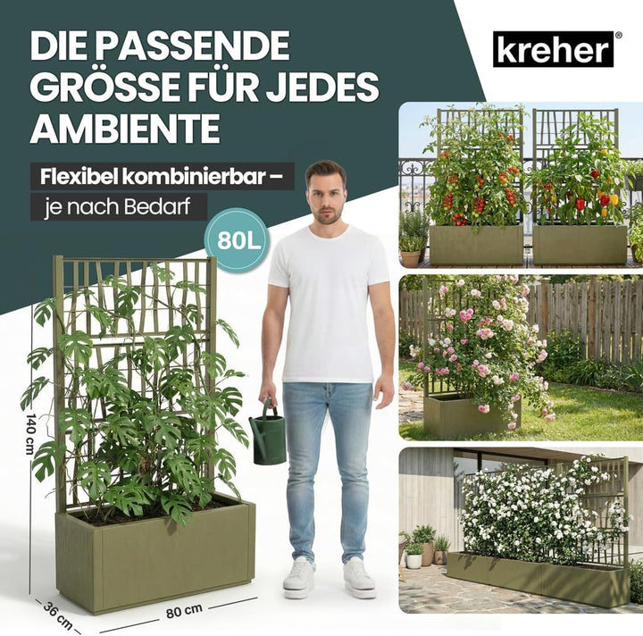 Kreher® XL Rankgitter, Spalier mit Pflanzkasten aus robustem Kunststoff. Masse BxTxH in cm: 80 x 36
