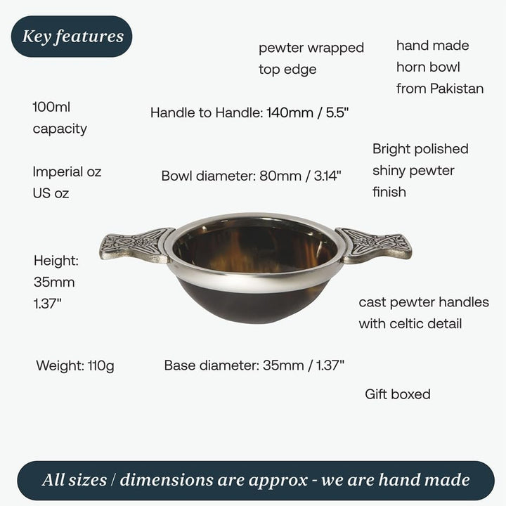 Wentworth Pewter - Mittelgrosses Horn und Zinn Quaich Whisky Probierschale Loving Cup Burns Night