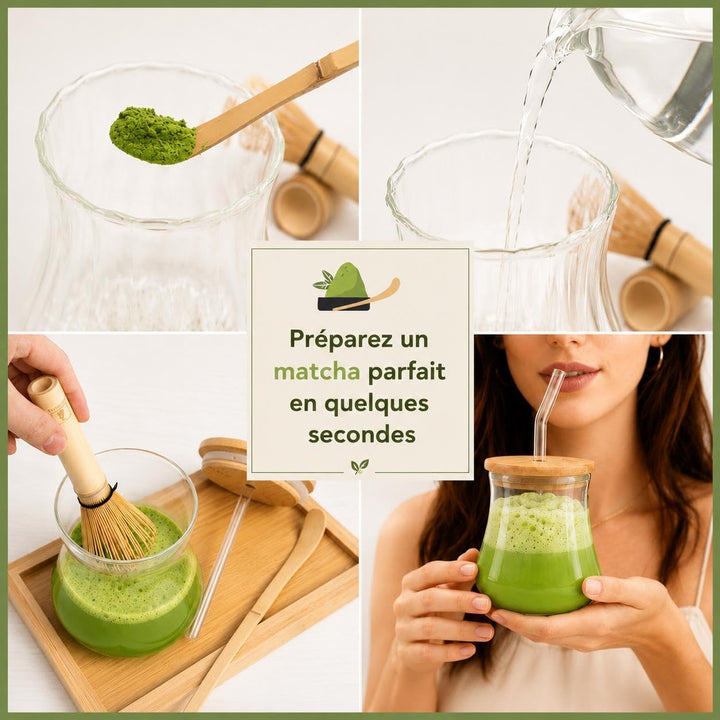 Matcha-Set aus Glas Matcha Latte, 550 ml, mit Deckel aus Bambus & Glasstrohhalm – Schneebesen aus na
