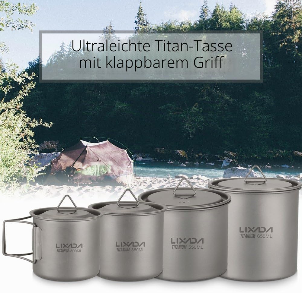 Lixada Titanium Topf Camping Tragbar Titan Wasser Tragbar Becher Tasse Klappgriff(300 ml,350 ml,420m